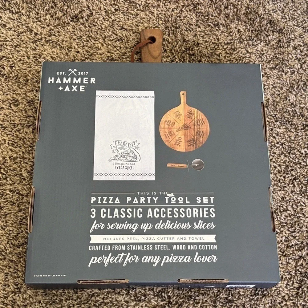 Hammer + Axe Pizza Party Tool Set Wooden Pizza Cutting Board, Pizza Cutter Towel
